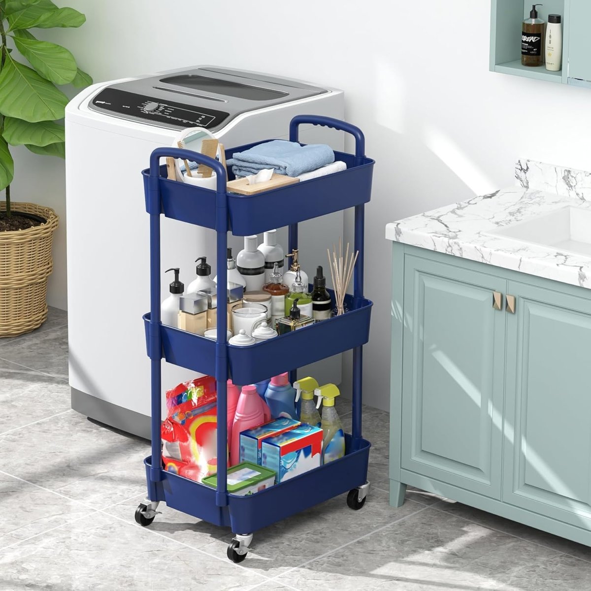 Sywhitta 3 - Tier Plastic Rolling Utility Cart with Handle, Multi - Functional Storage Trolley for Office, Living Room, Kitchen, Movable Storage Organizer with Wheels, White - Homesidy.com