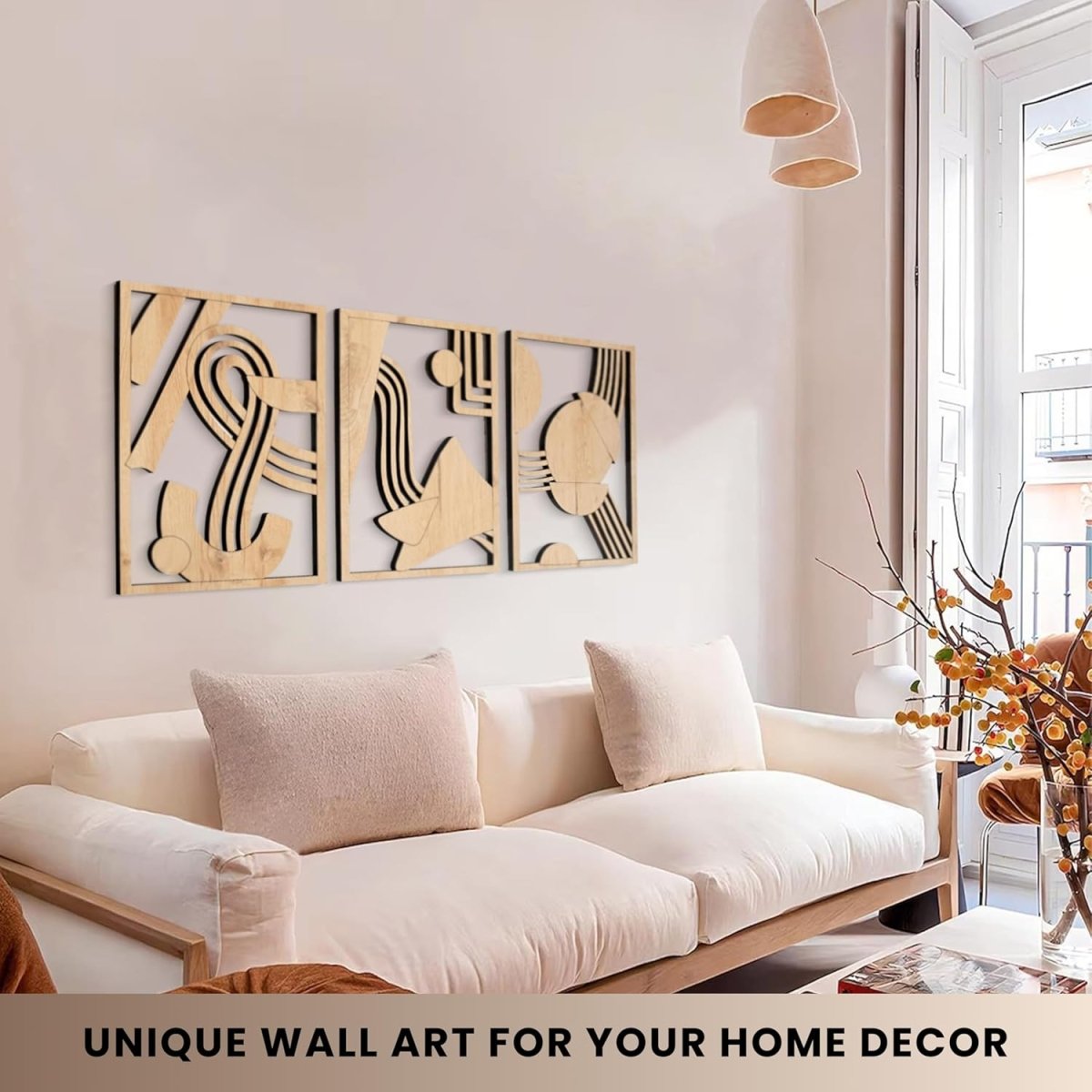 qmmp Modern Wooden Wall Sculptures - Set of 3 - MDF - Oak - Home Decor Accent - Large Wall Art for Living Room, Bedroom, Office - Easy Installation (Oak, Medium - Mountain and Sun, Unframed) - Homesidy.com