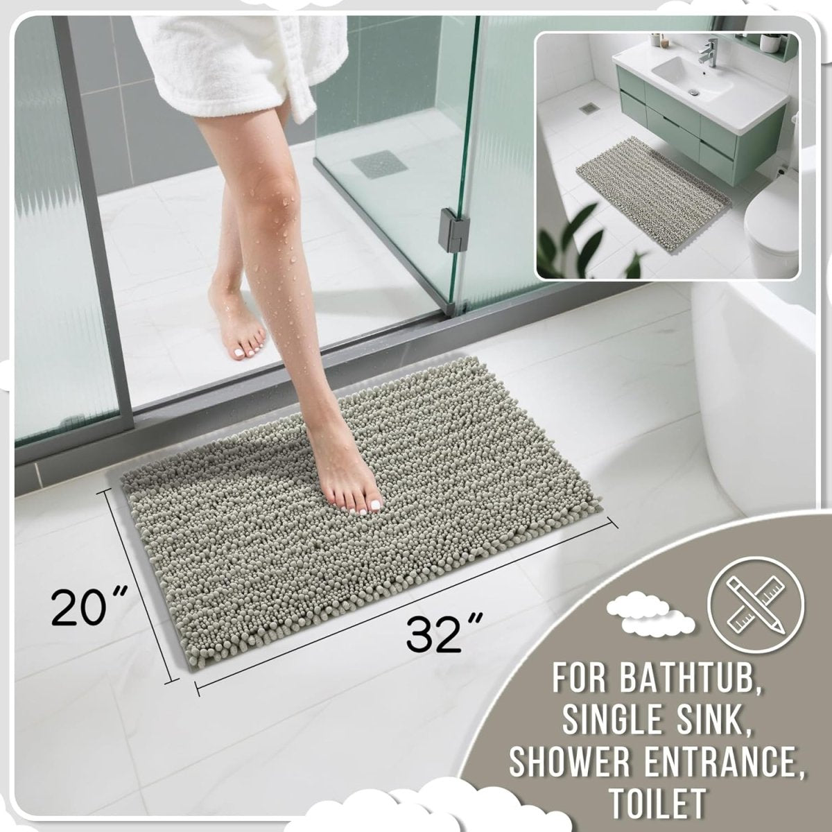 Yimobra Bathroom Rugs Non Slip Washable - Ultra Soft Absorbent Chenille Bath Mat, Quick Dry Shaggy Floor Carpet for Tub Shower, Gray Home Decor Accessories, 24x17 Inch - Homesidy.com