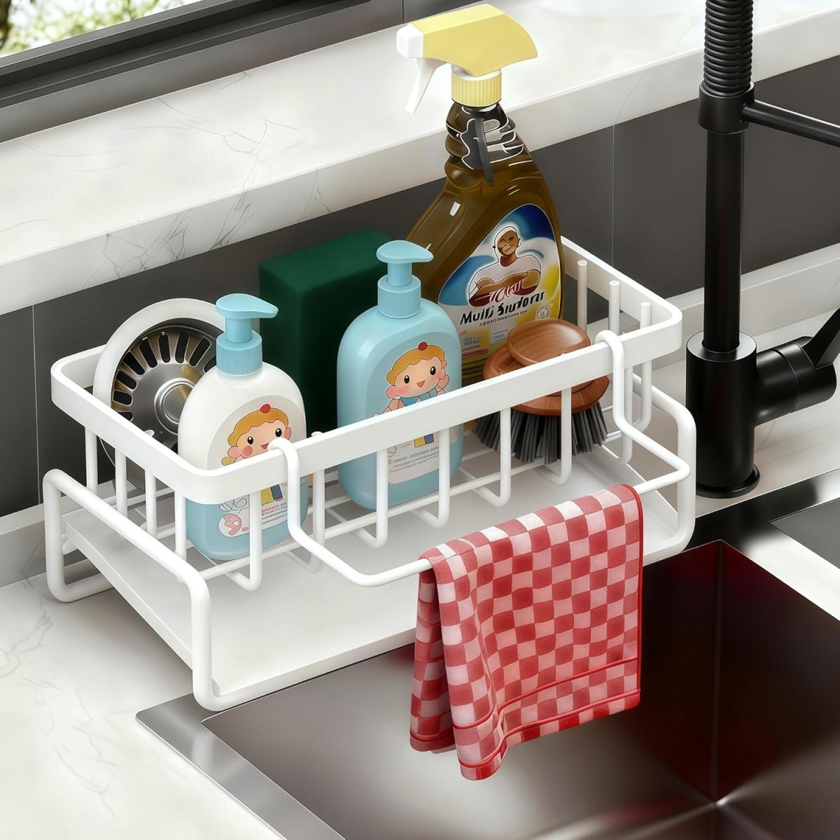 Lotgnimry Sponge Holder for Kitchen, Sink Caddy Organizer Rack for Kitchen Accessories, Soap Dispenser Countertop Organizer Essentials for Home (Black) - Homesidy.com
