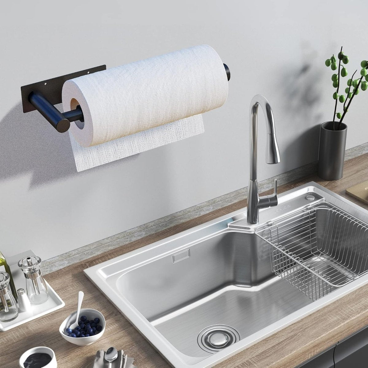DEKAVA Paper Towel Holder Under Cabinet Wall Mount for Kitchen Towel, Self - Adhesive Bar, Rack, SUS304 Stainless Steel 13 inch (BlackA, 1) - Homesidy.com