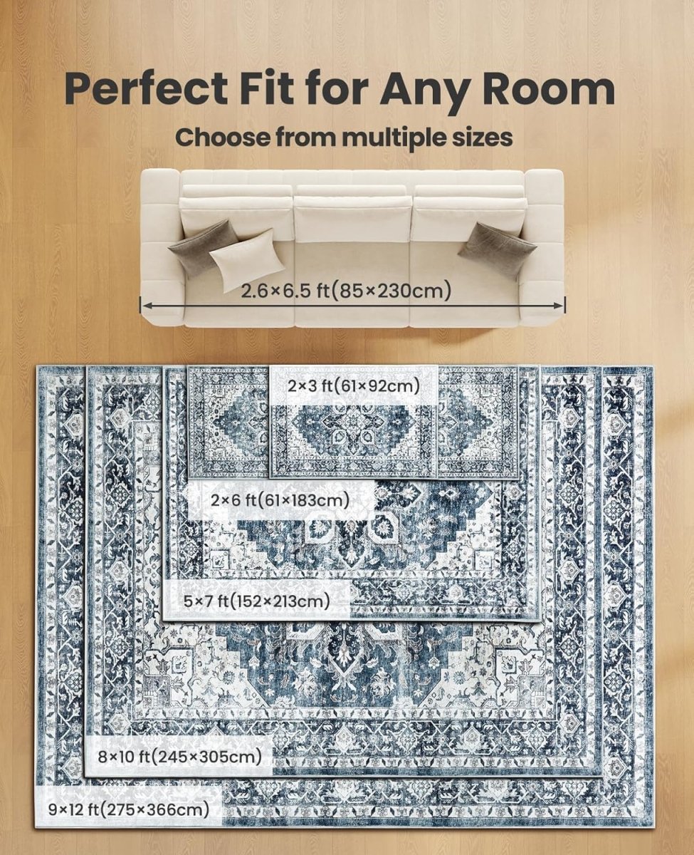 AMADA HOMEFURNISHING 8x10 Washable Area Rug, Low - Profile Large Area Rug with Non - Slip Backing &amp; Durable Edge Binding, Vintage Large Rugs for Living Room, Bedroom, Dinning Room - Homesidy.com