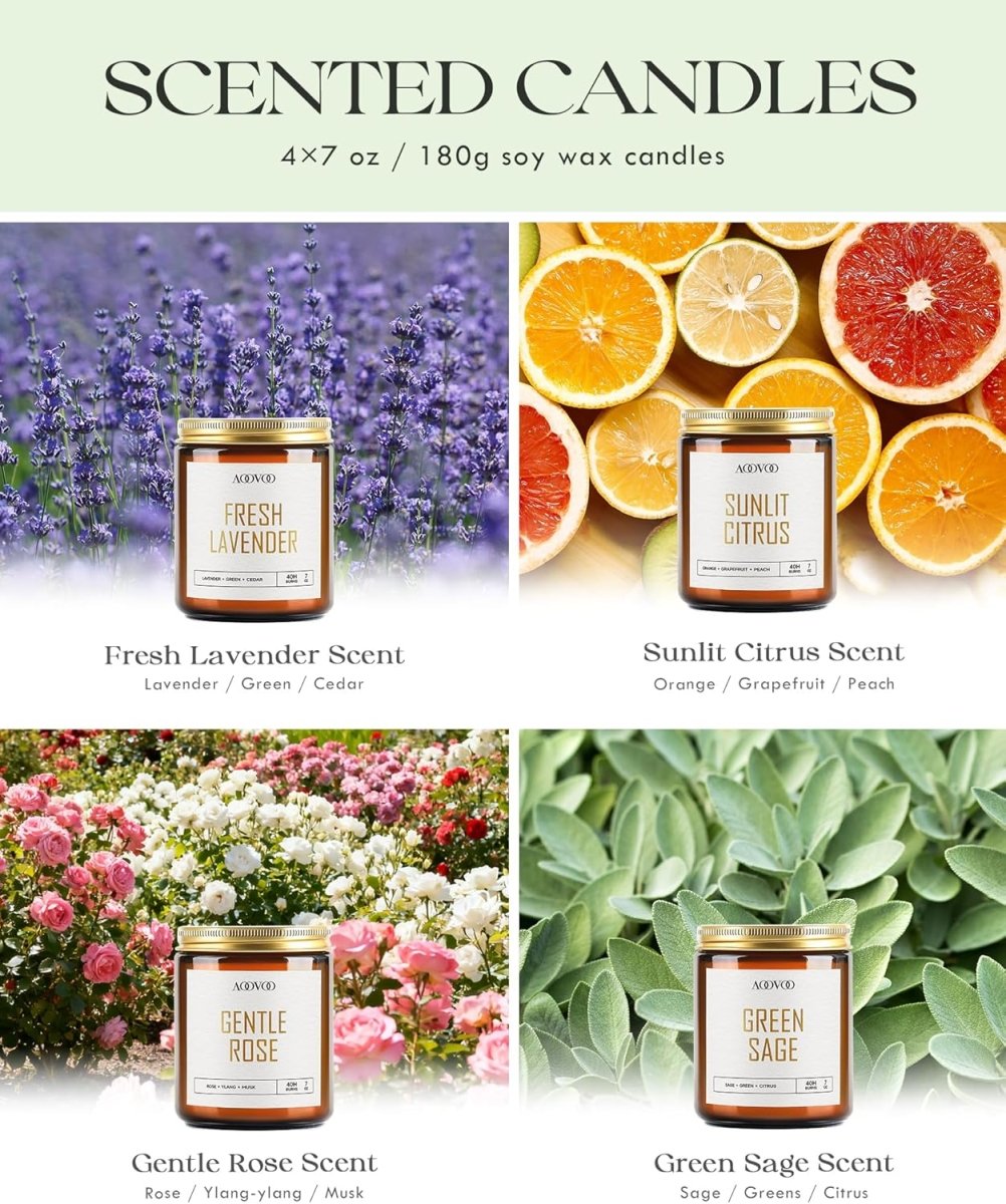 AOOVOO Scented Candles - 4PC Candle Set, 36 oz Soy Candles, Soy Candle for Home Scented, Lavender/Vanilla/Eucalyptus/Sage - Homesidy.com