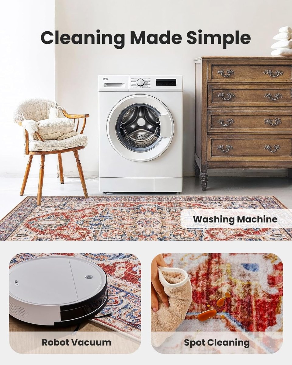 AMADA HOMEFURNISHING 8x10 Washable Area Rug, Low - Profile Large Area Rug with Non - Slip Backing &amp; Durable Edge Binding, Vintage Large Rugs for Living Room, Bedroom, Dinning Room - Homesidy.com