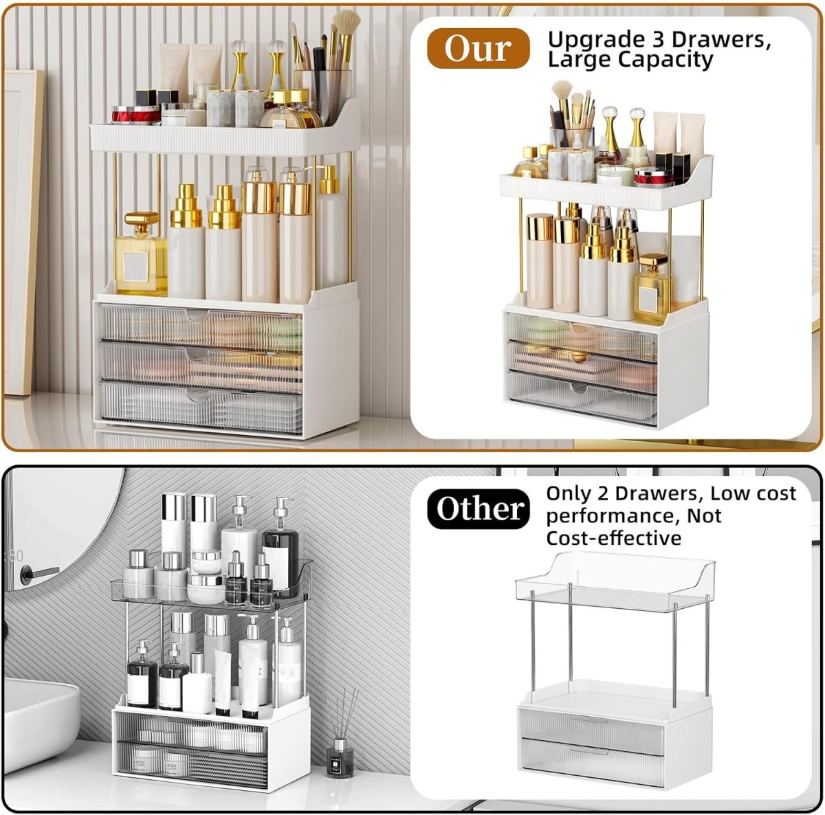 StorBin 3 Drawers Makeup Organizer - 5 Tier Bathroom Counter Organizers and Storage, Versatile Perfume Vanity Organizer, Ideal for Cosmetic, Large Skincare, Face Mask, Office Supplies, Amber - Homesidy.com