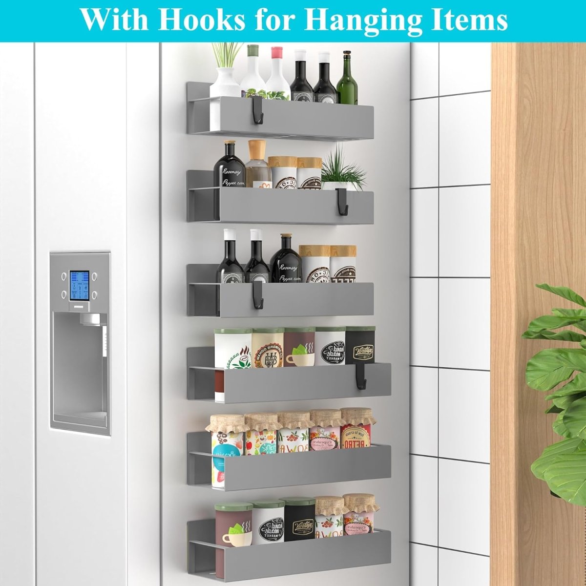 HuggieGems Metal 4 Pack Magnetic Spice Storage Rack Organizer for Refrigerator and Oven, Black Fridge Organizers and Storage - Homesidy.com