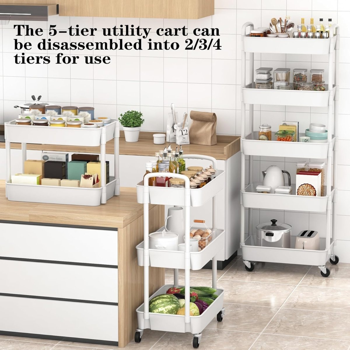Sywhitta 3 - Tier Plastic Rolling Utility Cart with Handle, Multi - Functional Storage Trolley for Office, Living Room, Kitchen, Movable Storage Organizer with Wheels, White - Homesidy.com