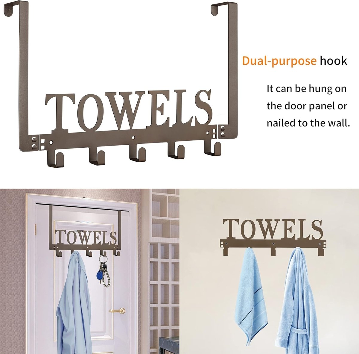 Kuhome Over The Door Hooks, Towel Holder for Bathroom, Door Mount Towel Rack Towel Hooks for Bedroom Beach Towels Bathrobe Wall Mount Hang on The Door Cabinet Cupboard Metal Sandblasted (Black) - Homesidy.com