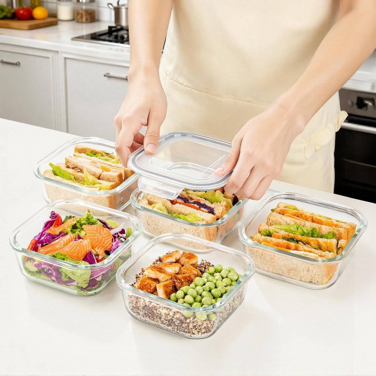 Vtopmart 5Pack 22oz Glass Storage Containers with Lids, Glass Meal Prep Food Container Sets with Snap Airtight Lids for Microwave, Oven, Freezer and Dishwasher, Grey - Homesidy.com