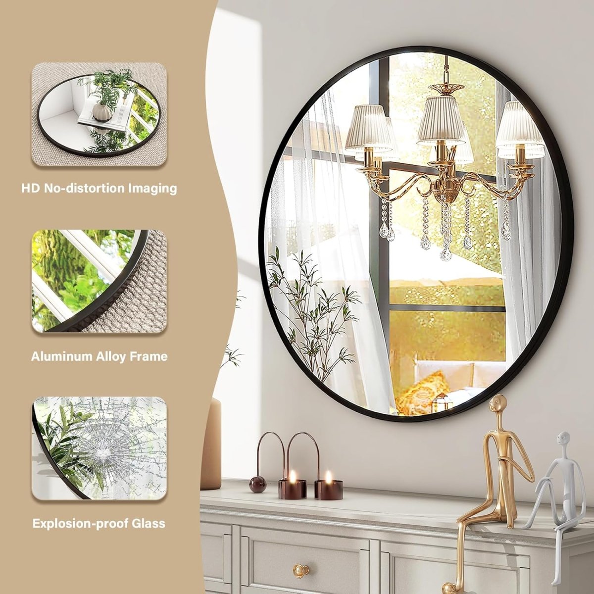HARRITPURE Round Mirror 30 Black Wall Mounted Circle Mirrors Vanity Mirror with Brushed Aluminum Alloy Frame Modern Decoration for Bathroom, Living Room, Vanity, Bedroom, Entryway - Homesidy.com