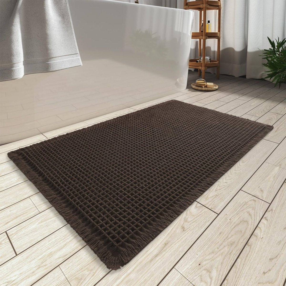 AMOAMI Upgraded Waffle Bath Mat, Super Absorbent Non Slip Bath Mats for Bathroom Floor, Machine Washable Bathroom Rugs with Tassels, Rubber Backed Bathroom Mats, Ultra Soft, 18&34; x 30&34;, Brown - Homesidy.com