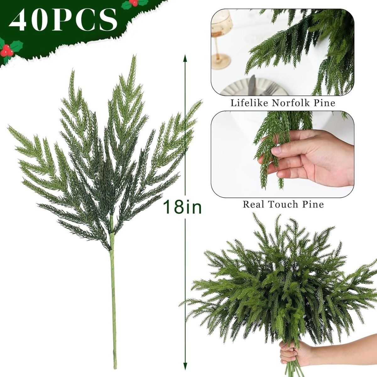 20 Pcs Christmas Norfolk Pine Branches - 18&34; Real Touch Artificial Norfolk Pine Branch Faux Plants Stem Fake Greenery Pine Picks for Vase DIY Crafts Garland Wreath Home Indoor Outdoor Decoration - Homesidy.com