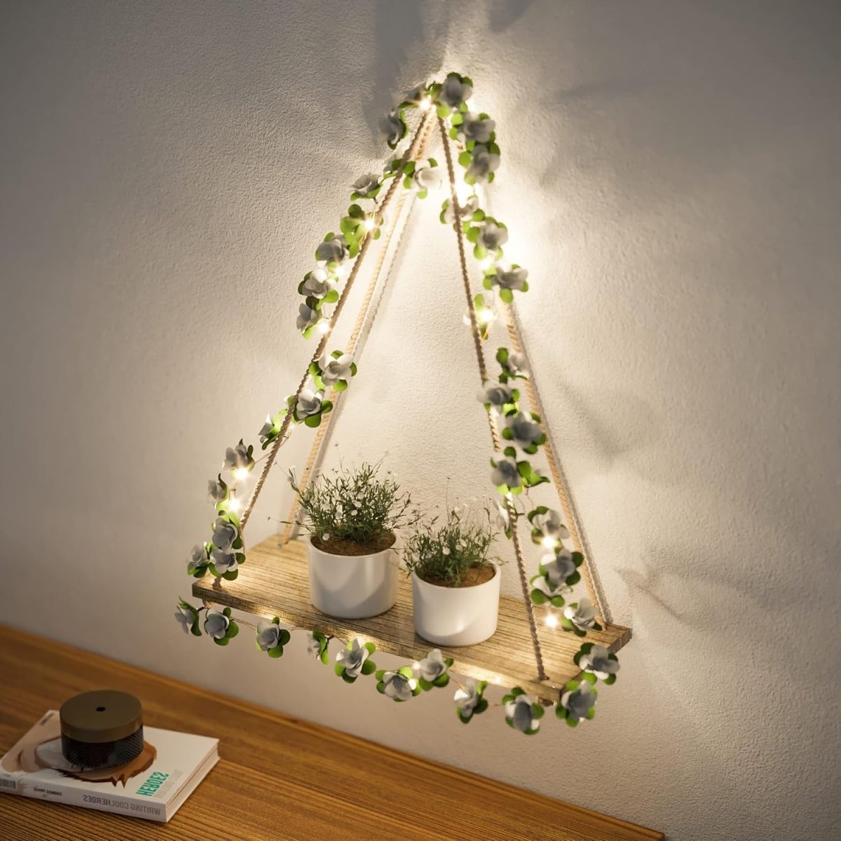RICHER HOUSE Artificial Ivy LED - Strip Wall Hanging Shelves Set of 2, Macrame Shelf for Bedroom Living Room Kitchen, Wood Hanging Plant Shelves for Wall Décor, Thanksgiving &amp; Christmas Decorations - Homesidy.com