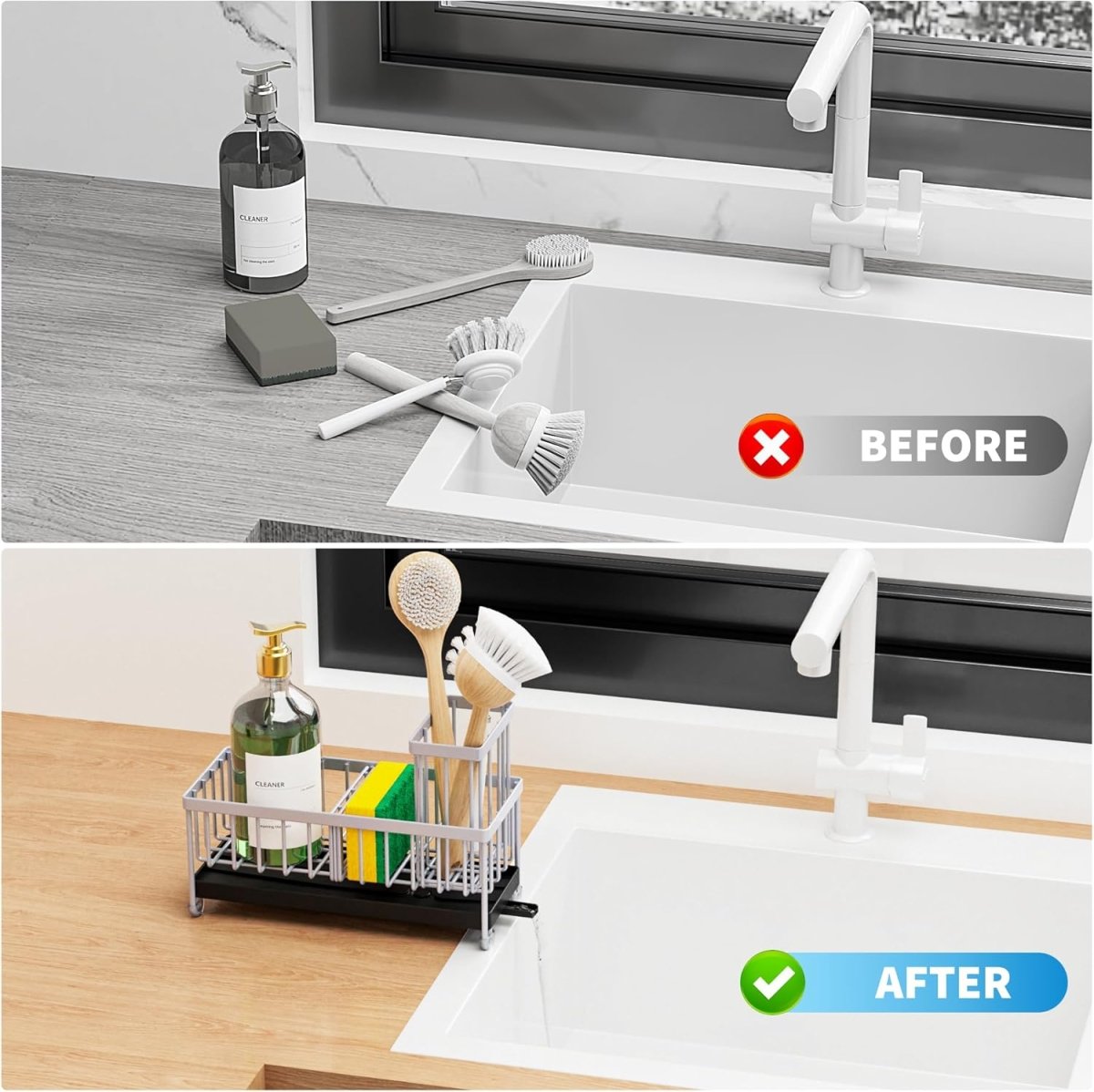 Cisily Black Sponge Holder for Kitchen Sink, Sink Caddy Organizer with High Brush Holder, Kitchen Countertop Organizers and Storage Essentials, Rustproof 304 Stainless Steel, Soap Dispenser Organize - Homesidy.com