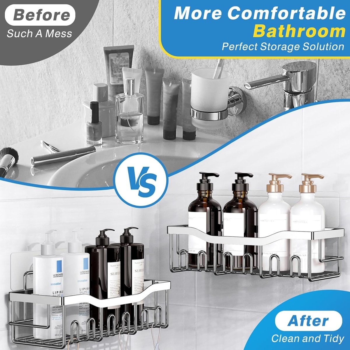 EUDELE Adhesive Shower Caddy, 5 Pack Rustproof Stainless Steel Bath Organizers With Large Capacity, No Drilling Shelves for Bathroom Storage &amp; Home Decor - Homesidy.com