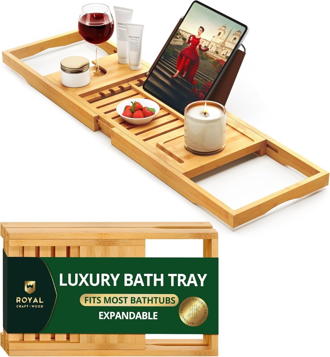 ROYAL CRAFT WOOD Bathtub Tray Caddy for Tub, Bamboo Bath Shelf, Premium Foldable Wood Bath Table, Expandable Bathtub &amp; Bathroom Accessories, New Home Gifts for Mom, Housewarming, Anniversary, Wedding - Homesidy.com