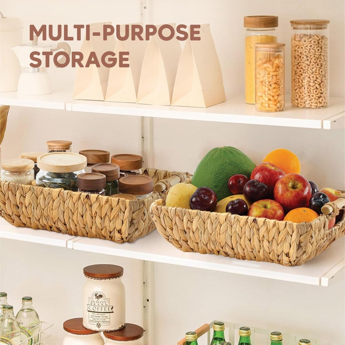 Greenatural Water Hyacinth Storage Baskets Set of 2, Handwoven Rectangular Organizer Trays with Wooden Bead Handles, Nested Wicker Bins for Shelf, Bathroom, Kitchen, Office, Natural Decor - Homesidy.com