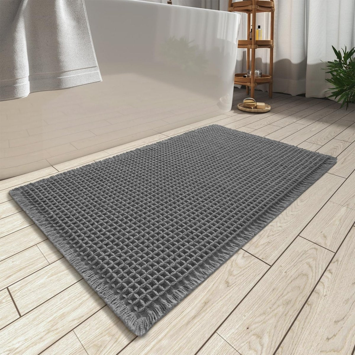 AMOAMI Upgraded Waffle Bath Mat, Super Absorbent Non Slip Bath Mats for Bathroom Floor, Machine Washable Bathroom Rugs with Tassels, Rubber Backed Bathroom Mats, Ultra Soft, 18&34; x 30&34;, Brown - Homesidy.com