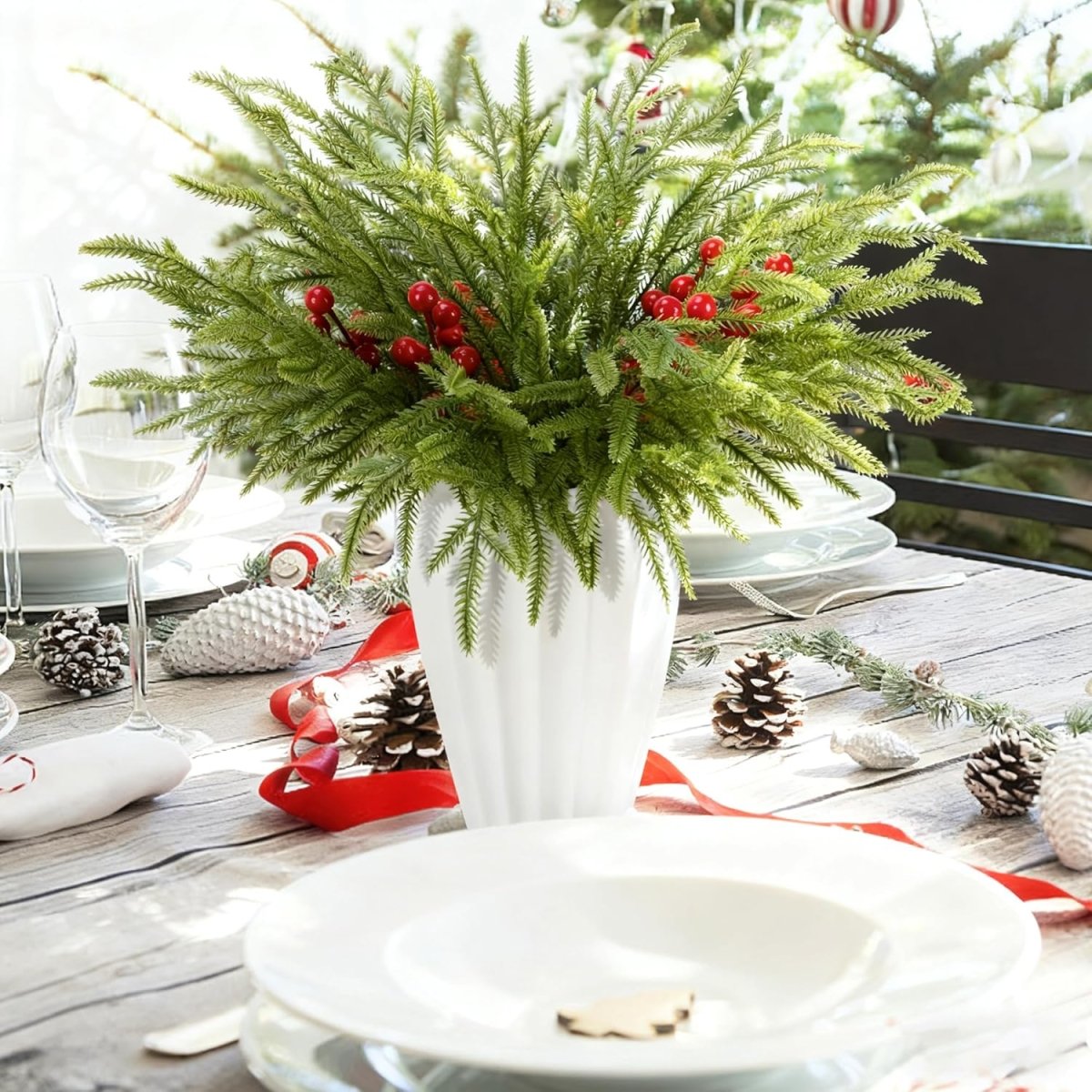 Watayo 60 Pcs Christmas Artificial Pine Branches with Red Berry Stems, 10.5&34; Faux Evergreen Norfolk Pine Cypress Leaves Stems, Fake Foliage Pine Needles Picks for DIY Craft Garland Home Decor - Homesidy.com