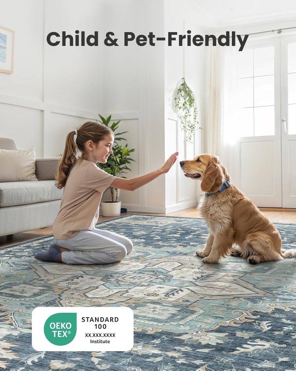AMADA HOMEFURNISHING 8x10 Washable Area Rug, Low - Profile Large Area Rug with Non - Slip Backing &amp; Durable Edge Binding, Vintage Large Rugs for Living Room, Bedroom, Dinning Room - Homesidy.com