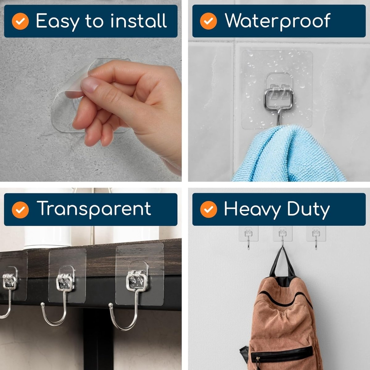 GLUIT Adhesive Wall Hooks for Hanging Heavy Duty 22 lbs Hooks for Walls No Damage, Towel Sticky Clear Hook, Waterproof, Home, Bathroom, Kitchen, Office, and Outdoor 12 Pack - Homesidy.com