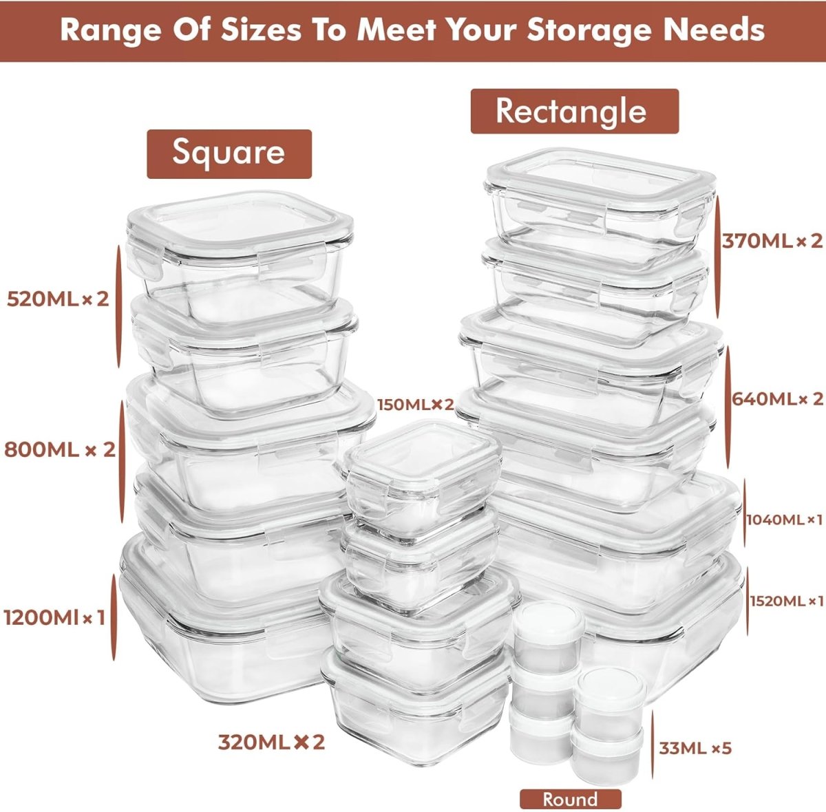 Razab 35 Pc Set Glass Food Storage Containers with Lids - Meal Prep Airtight Bento Boxes BPA - Free 100% Leak Proof (15 lids,15 glass &amp; 5 Plastic Sauce/Dip Containers) - Homesidy.com