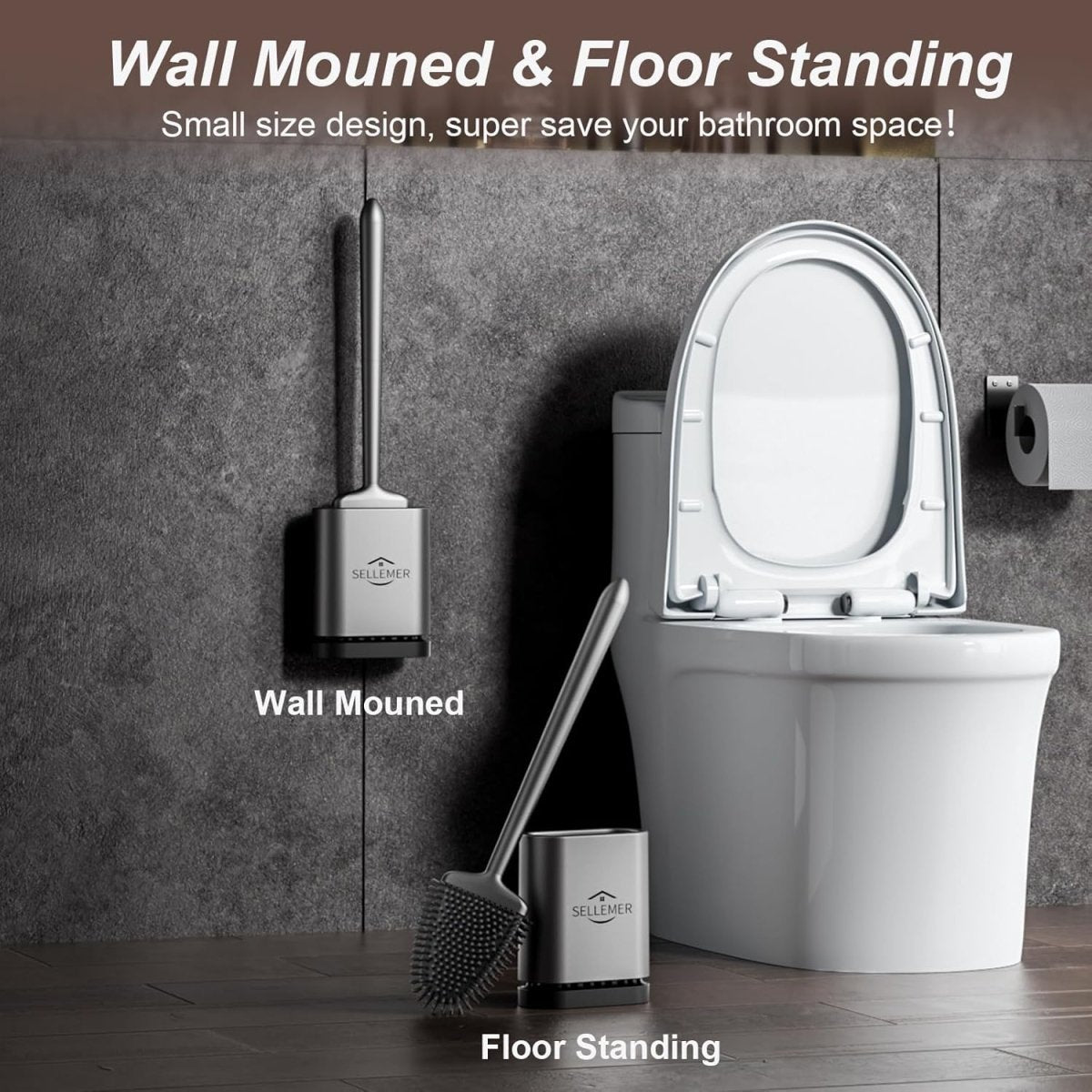 Sellemer Toilet Brush and Holder Set - Flexible Toilet Bowl Brush Head with Silicone Bristles, Compact Size for Storage and Organization, Ventilation Slots Base (1 Pack, Silver) - Homesidy.com