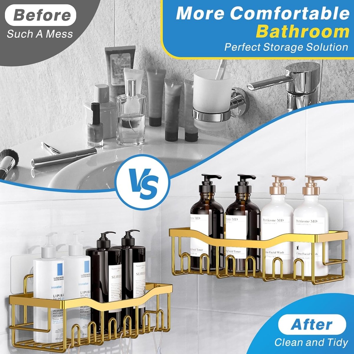 EUDELE Adhesive Shower Caddy, 5 Pack Rustproof Stainless Steel Bath Organizers With Large Capacity, No Drilling Shelves for Bathroom Storage &amp; Home Decor - Homesidy.com