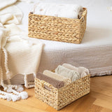 Greenatural Water Hyacinth Storage Baskets Set of 2, Handwoven Rectangular Organizer Trays with Wooden Bead Handles, Nested Wicker Bins for Shelf, Bathroom, Kitchen, Office, Natural Decor - Homesidy.com