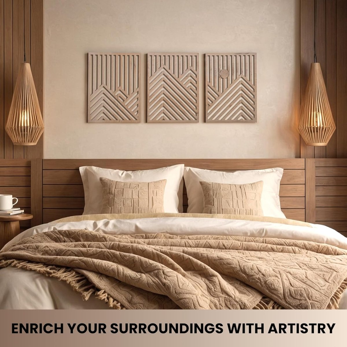 qmmp Modern Wooden Wall Sculptures - Set of 3 - MDF - Oak - Home Decor Accent - Large Wall Art for Living Room, Bedroom, Office - Easy Installation (Oak, Medium - Mountain and Sun, Unframed) - Homesidy.com