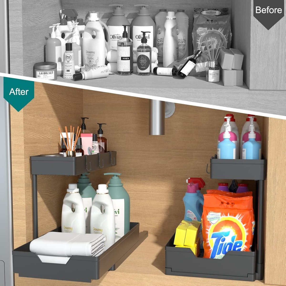 2 Pack Under Sink Organizer 2 Tier Sliding Cabinet Organizers Multi - Purpose Sink Storage Basket L - Shape Narrow Space Storage Shelves with 4 Hook for Kitchen Bathroom Drawer, Black - Homesidy.com