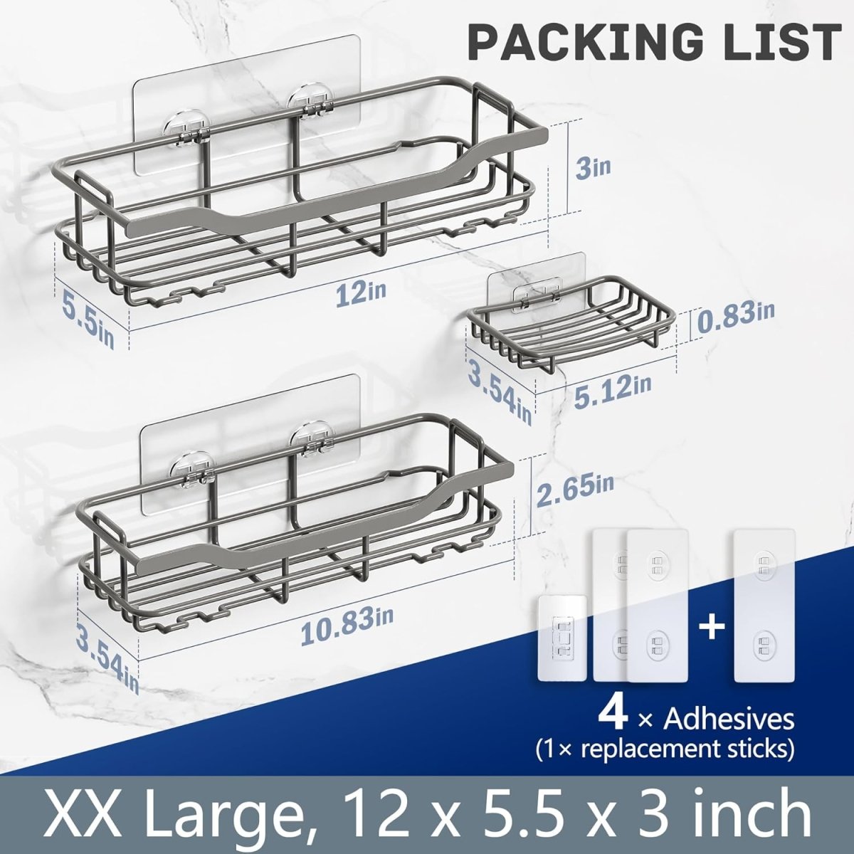 OMAIRA 3 - Pack Shower Caddy with Soap Holder, Adhesive Rustproof No - drill Strudy Loading Inside Shower Organizer Shelves Rack Storage Bathroom Organization for Smooth Wall Glass Tile, Black (Large) - Homesidy.com