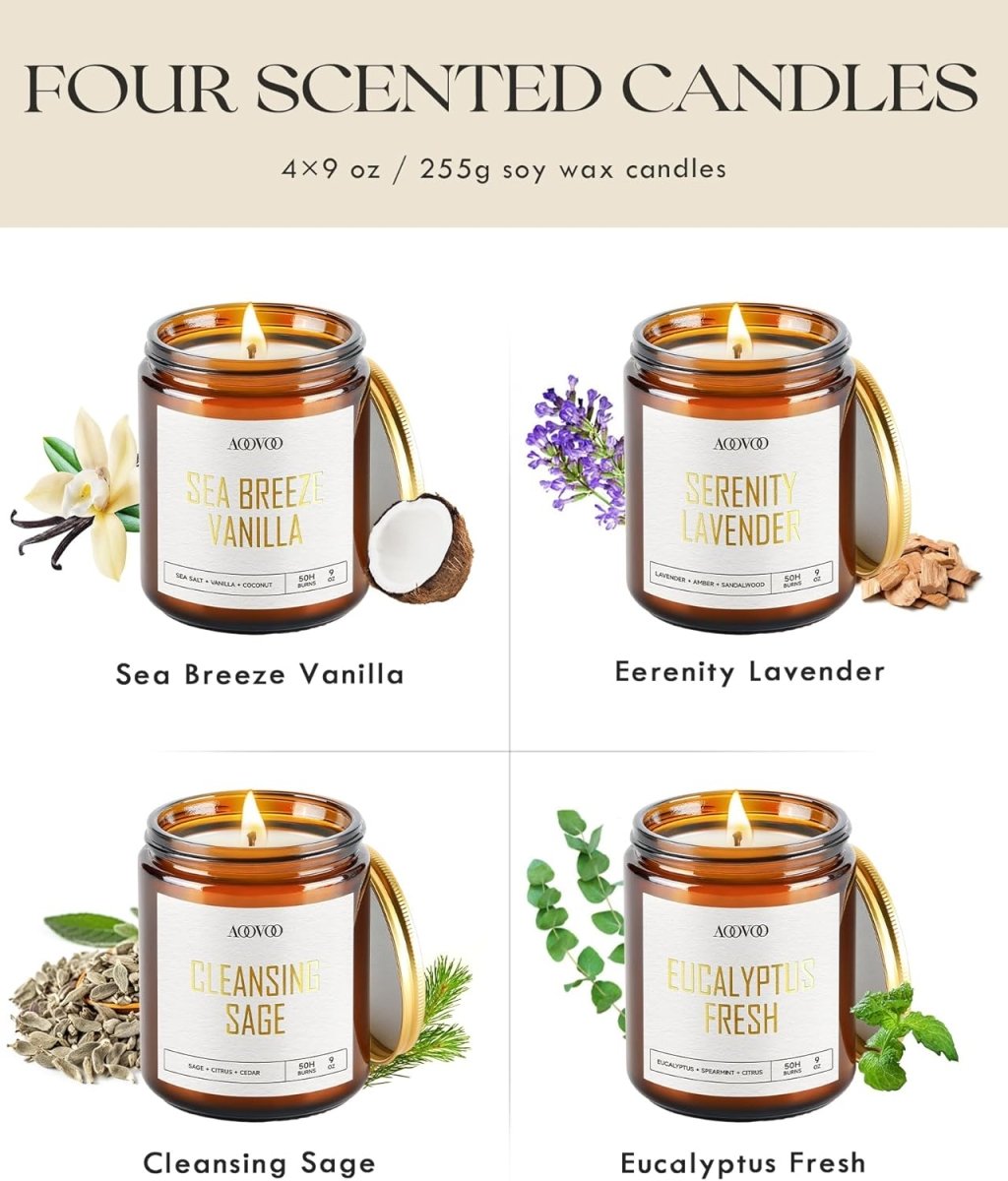 AOOVOO Scented Candles - 4PC Candle Set, 36 oz Soy Candles, Soy Candle for Home Scented, Lavender/Vanilla/Eucalyptus/Sage - Homesidy.com