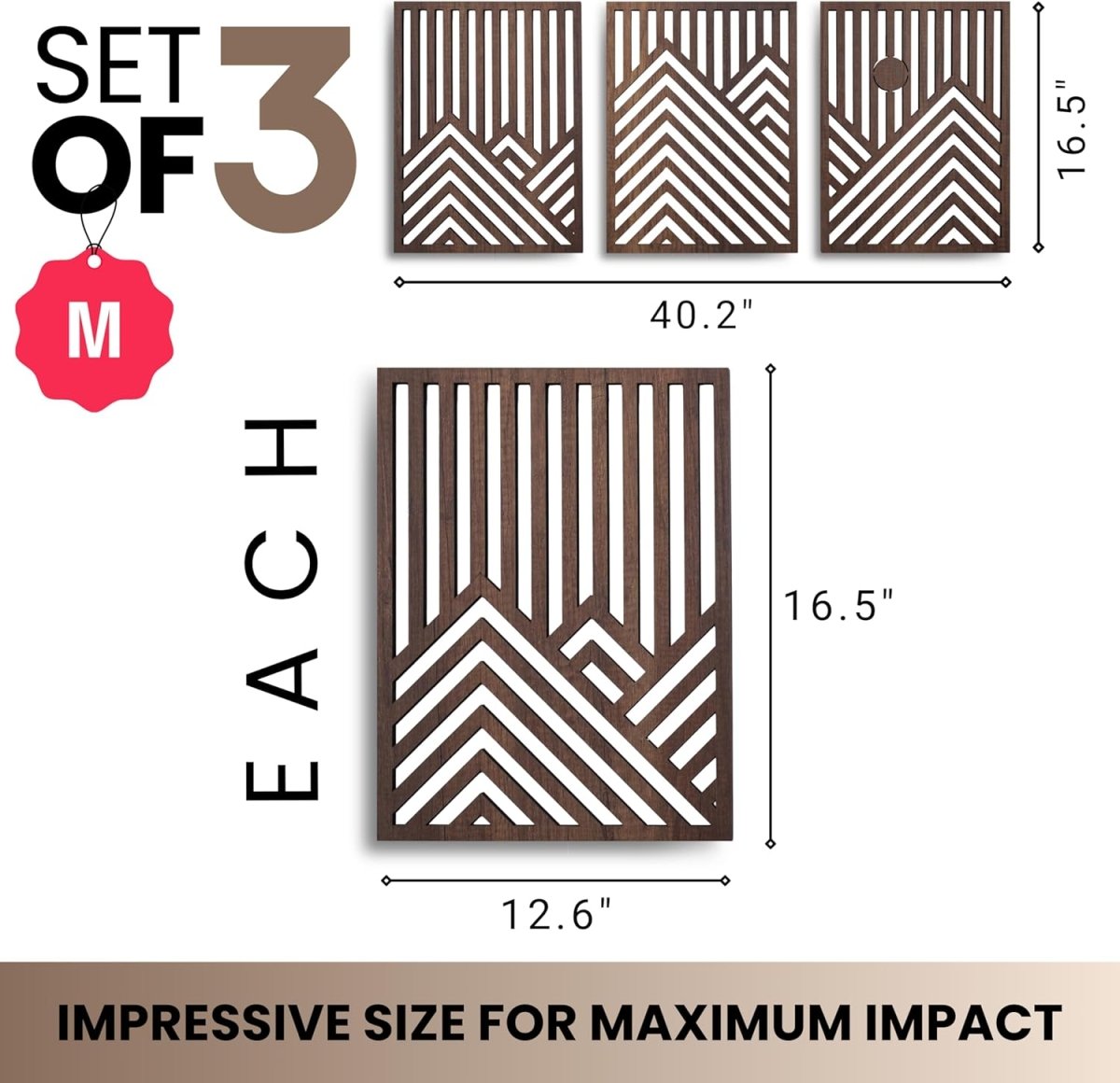 qmmp Modern Wooden Wall Sculptures - Set of 3 - MDF - Oak - Home Decor Accent - Large Wall Art for Living Room, Bedroom, Office - Easy Installation (Oak, Medium - Mountain and Sun, Unframed) - Homesidy.com