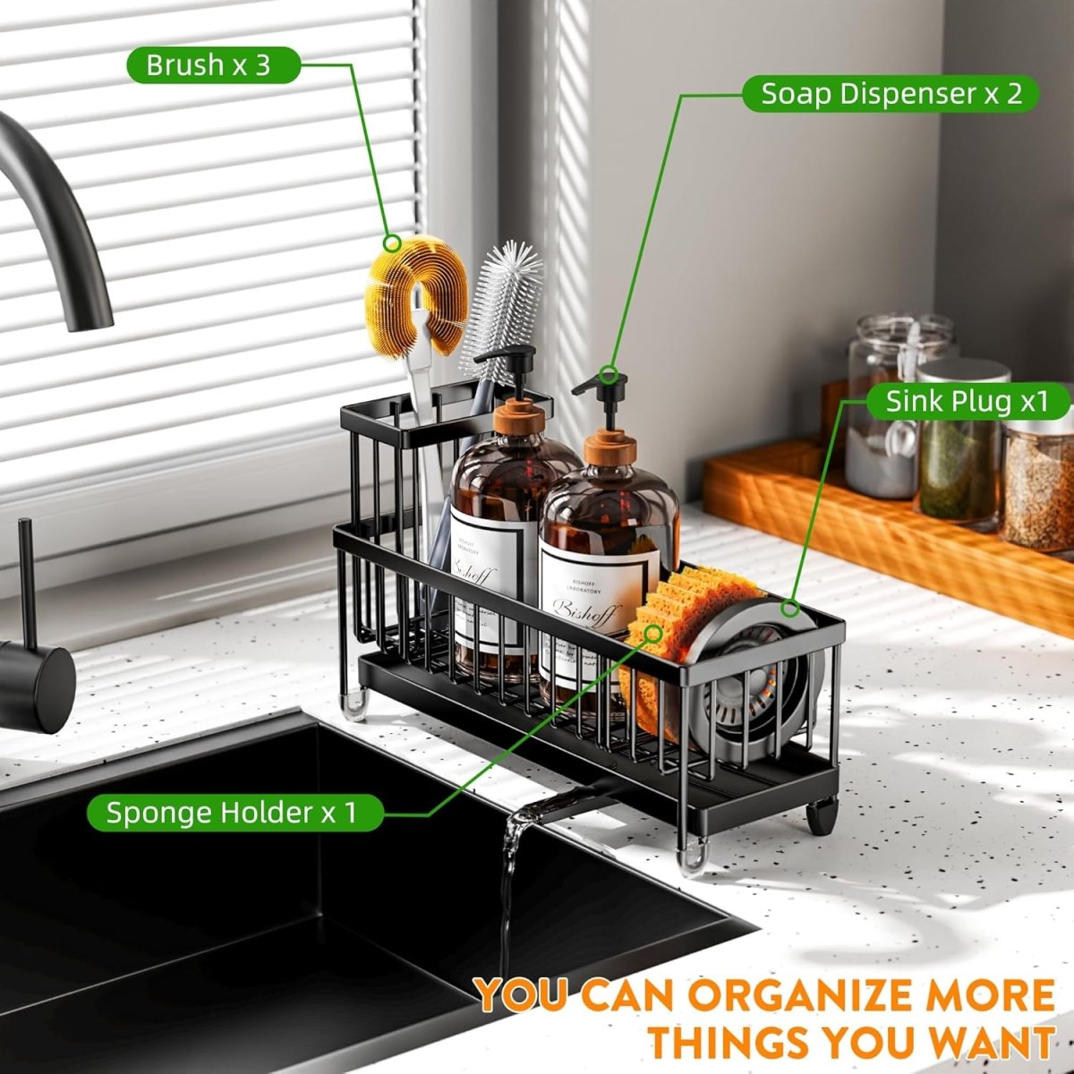 Cisily Black Sponge Holder for Kitchen Sink, Sink Caddy Organizer with High Brush Holder, Kitchen Countertop Organizers and Storage Essentials, Rustproof 304 Stainless Steel, Soap Dispenser Organize - Homesidy.com