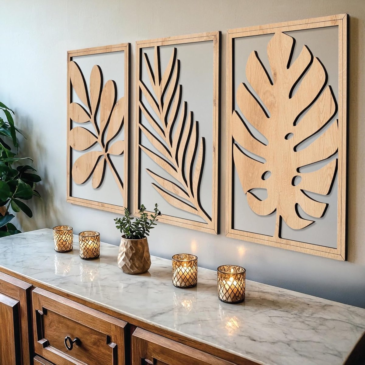 qmmp Modern Wooden Wall Sculptures - Set of 3 - MDF - Oak - Home Decor Accent - Large Wall Art for Living Room, Bedroom, Office - Easy Installation (Oak, Medium - Mountain and Sun, Unframed) - Homesidy.com