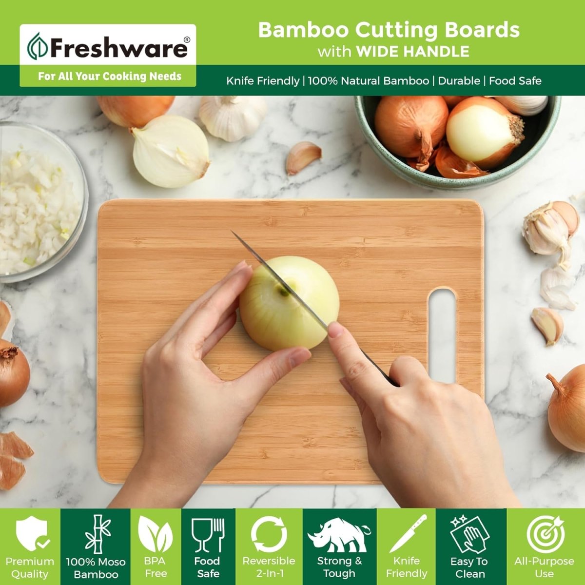 Bamboo Cutting Boards for Kitchen [Set of 3] Wood Cutting Board for Chopping Meat, Vegetables, Fruits, Cheese, Knife Friendly Serving Tray with Handles - Homesidy.com