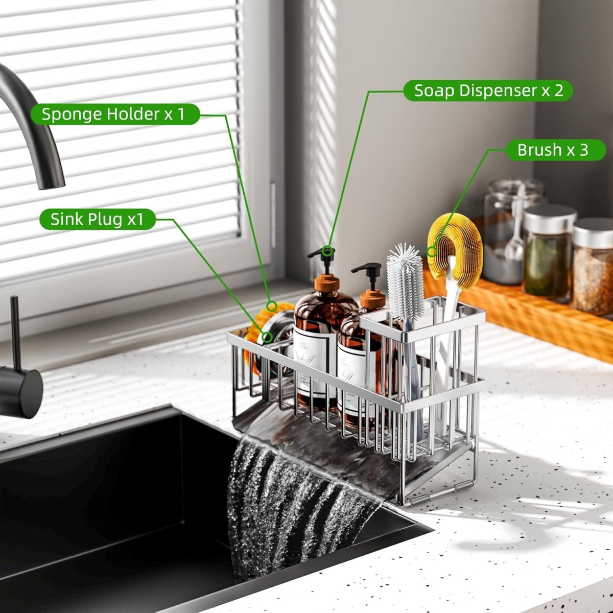 Cisily Kitchen Sink Caddy Organzier with High Brush Holder, Sponge Holder for Sink, 304 Rustproof Stainless, Kitchen Countertop Soap Dispenser Organizer, Kitchen Decor and Accessories - Homesidy.com
