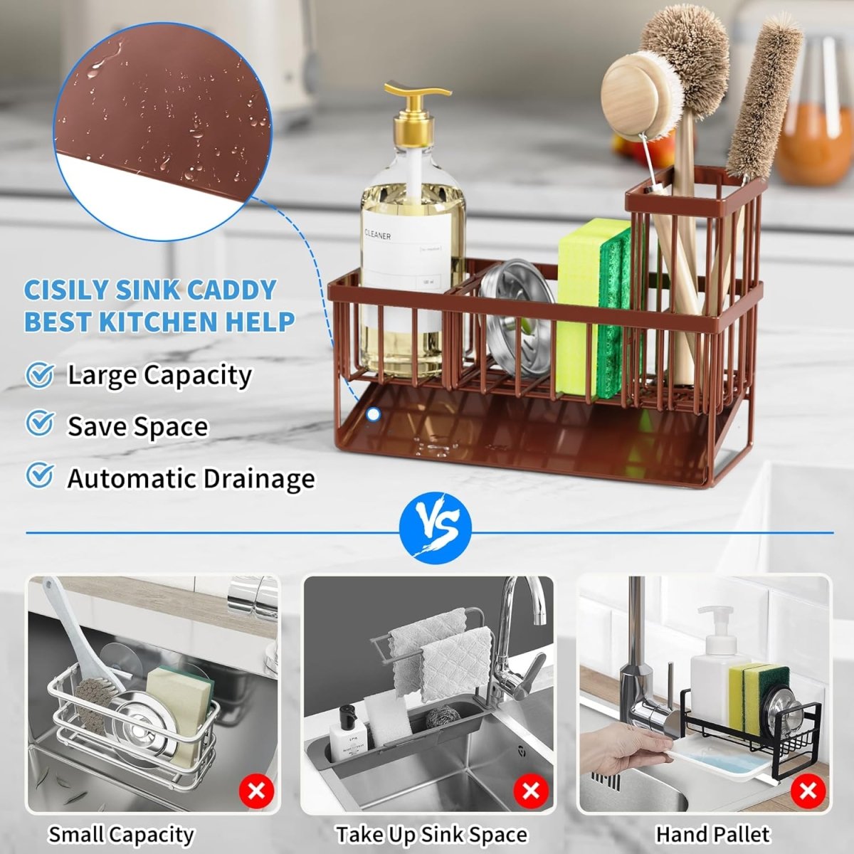 Cisily Kitchen Sink Caddy Organzier with High Brush Holder, Sponge Holder for Sink, 304 Rustproof Stainless, Kitchen Countertop Soap Dispenser Organizer, Kitchen Decor and Accessories - Homesidy.com