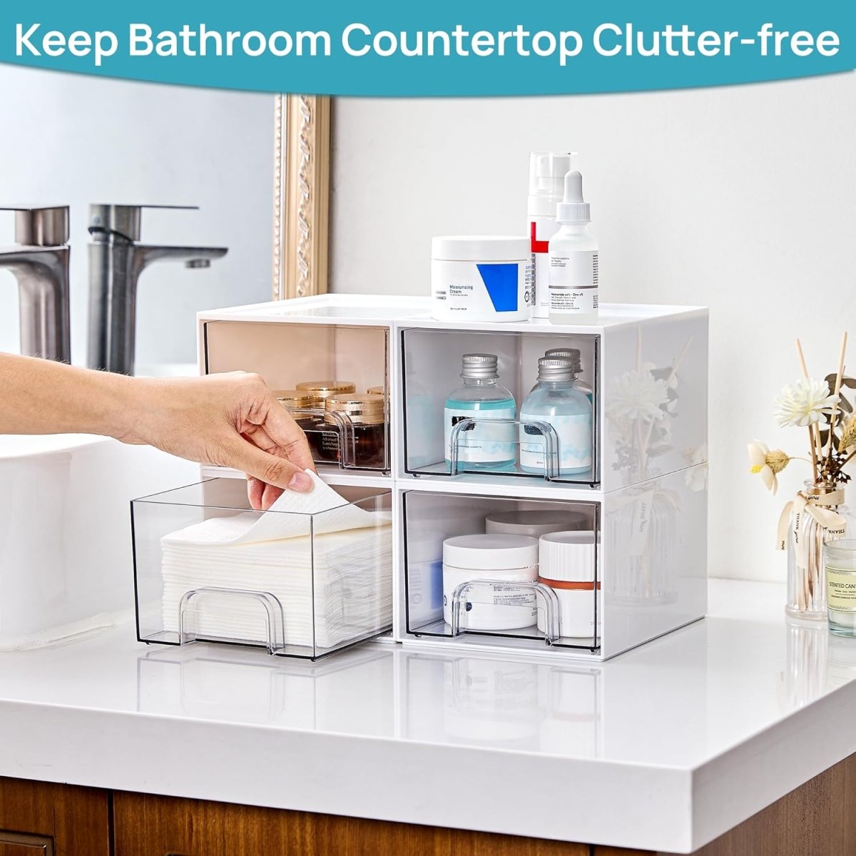 Vtopmart 4 Pack Small Clear Stackable Storage Drawers,Acrylic Bathroom Makeup Organizer,Plastic Storage Bins For Vanity, Undersink, Kitchen Cabinets, Pantry, Home Organization - Homesidy.com