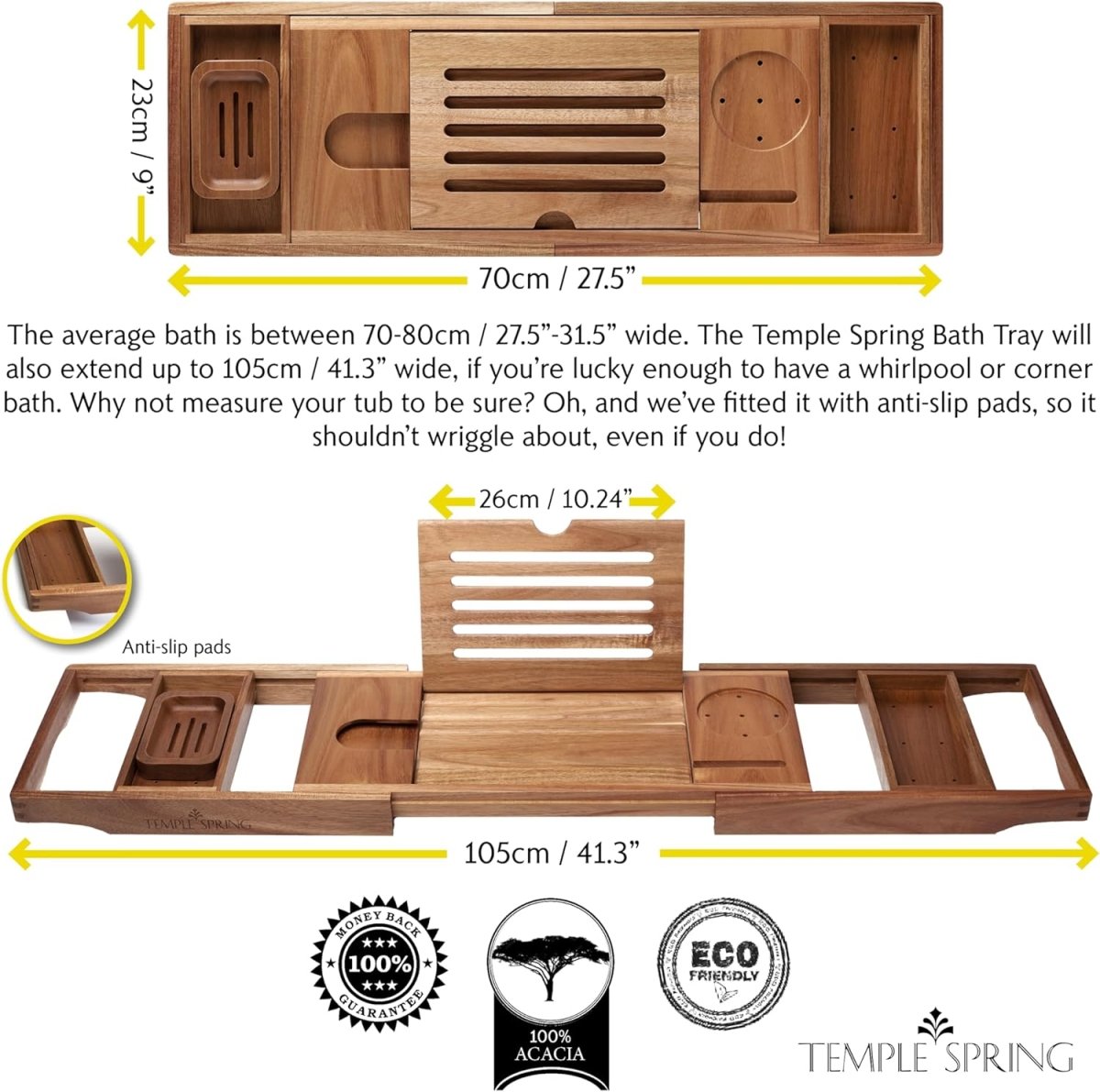 Temple Spring Wooden Bathtub Tray, Bamboo Bathroom Accessories, Bath Tray for Tub, at Home Spa Essentials, Board for Tub Table, Bath Caddy for Bathtub Accessories &amp; Bathroom Essentials – Natural - Homesidy.com