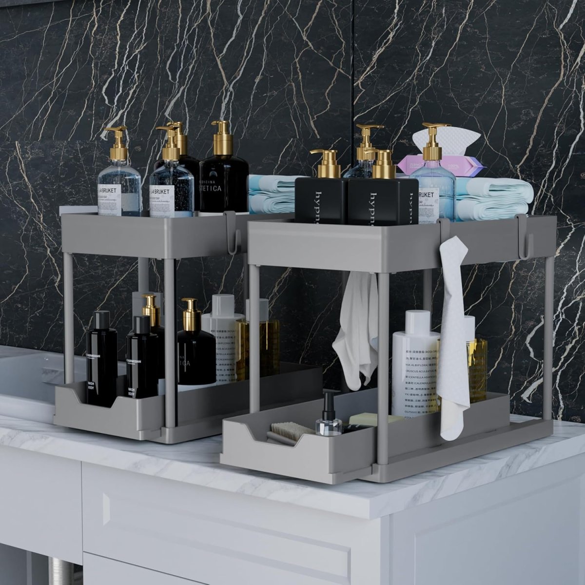 DEKAVA Under Sink Organizer 2 Pack, Bathroom Cabinet Organizer, 2 Tier Sliding Cabinet Basket Organizer Drawer, Multi - Purpose Bath Collection Baskets for Bathroom (Black) - Homesidy.com