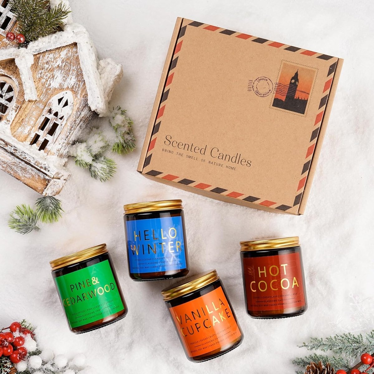Winter Candle Gift Set, 4 Pack 7 oz Soy Scented Candles for Home, Christmas, Holiday &amp; Birthday Gifts for Women &amp; Men, Includes Hello Winter, Pine &amp; Cedarwood, Hot Cocoa, and Vanilla Cupcake - Homesidy.com
