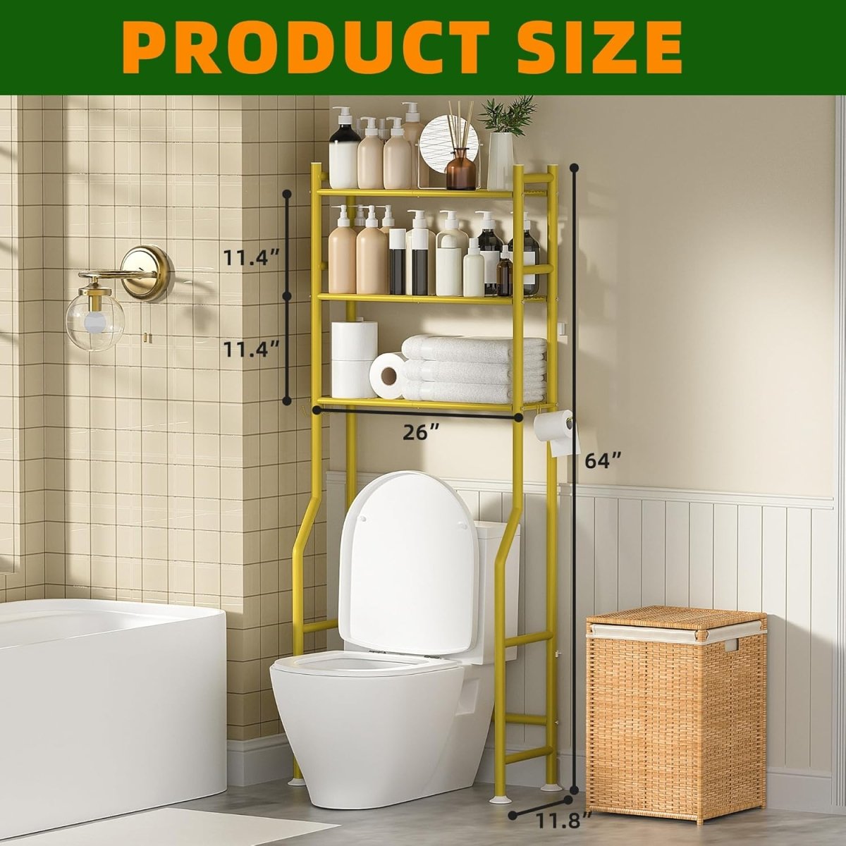 GloTika 3 - Tier Over The Toilet Storage, Space Saver Metal Bathroom Shelves, Freestanding Above Over Toilet Storage Shelf with 4 Hooks for Bathroom, Black - Homesidy.com