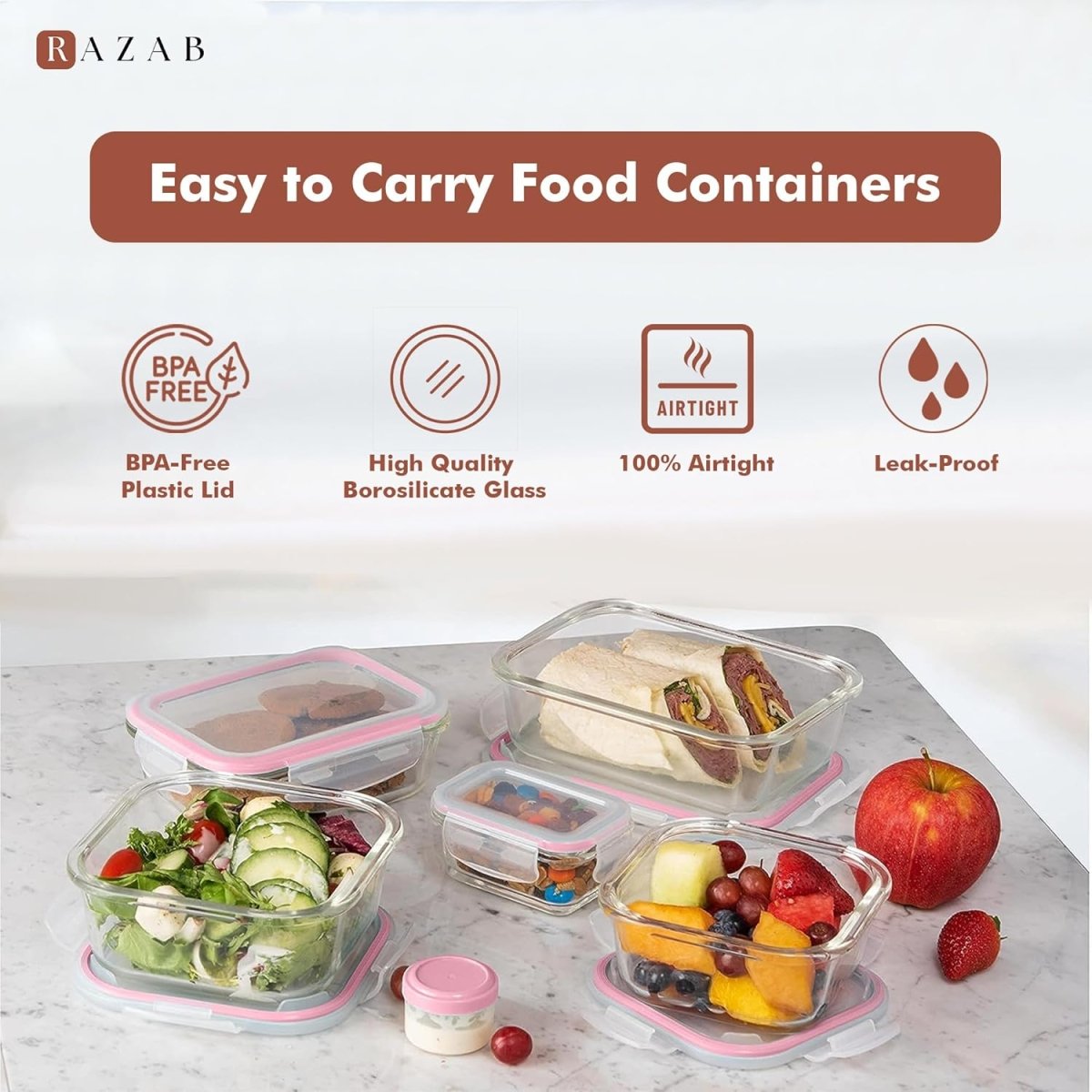 Razab 35 Pc Set Glass Food Storage Containers with Lids - Meal Prep Airtight Bento Boxes BPA - Free 100% Leak Proof (15 lids,15 glass &amp; 5 Plastic Sauce/Dip Containers) - Homesidy.com