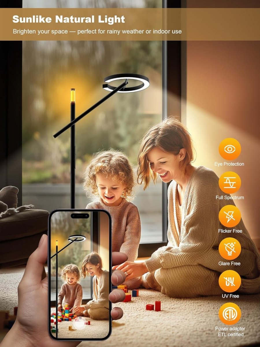 GLOWRIUM Smart Light Therapy Lamp, 10000 Lux UV - Free Sun Lamp, 2700 - 6500K Floor Lamp Therapy Light, Stepless Dimmable Energy Sunlight with App &amp; Remote, Timer, Cozy Light Settings for Winding Down - Homesidy.com