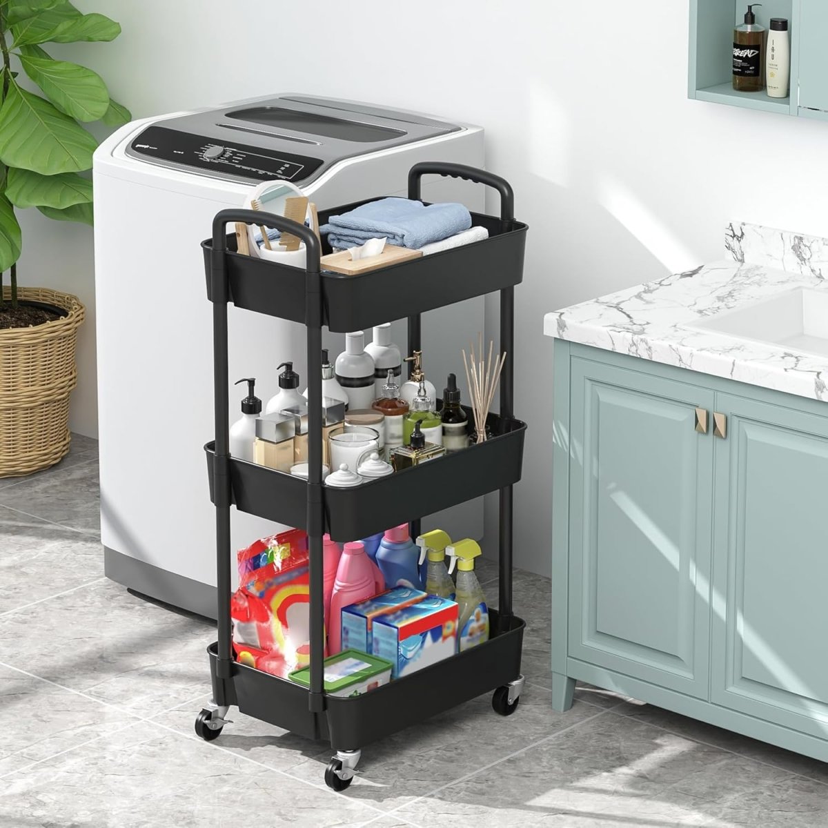 Sywhitta 3 - Tier Plastic Rolling Utility Cart with Handle, Multi - Functional Storage Trolley for Office, Living Room, Kitchen, Movable Storage Organizer with Wheels, White - Homesidy.com