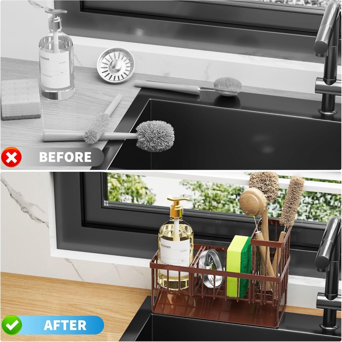 Cisily Kitchen Sink Caddy Organzier with High Brush Holder, Sponge Holder for Sink, 304 Rustproof Stainless, Kitchen Countertop Soap Dispenser Organizer, Kitchen Decor and Accessories - Homesidy.com