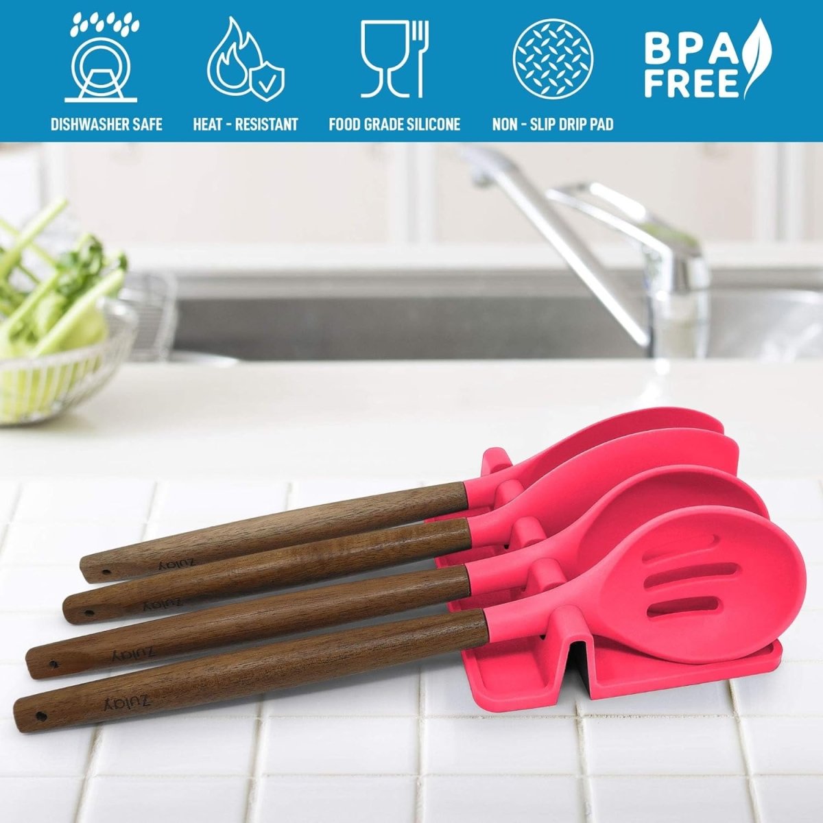 Zulay Kitchen Spoon Rest for Multiple Utensils High Heat - Resistant Silicone Drip Pad, BPA - Free Spoon Holder for Stove Top, Kitchen Gadget Holder for Ladles, Tongs, Cooking Spatula - Makes Great Gift - Homesidy.com