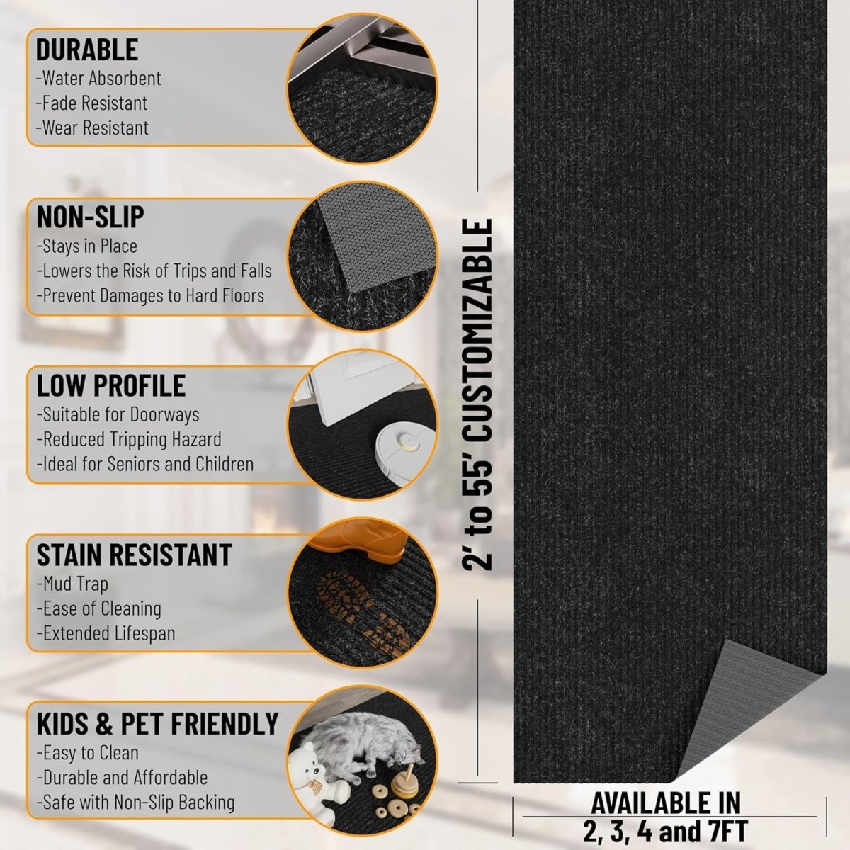 Ottomanson Hallway Runner Rug 2 x 6 Durable Non - Slip Mat with Scraper Pile for Indoor &amp; Outdoor Use - Ideal for Kitchen, Entryway, Patio &amp; Garage - High - Traffic Carpet, Black - Homesidy.com